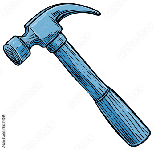 Illustration of a striking steel claw hammer with a textured wooden handle and cartoon details