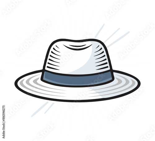 Classic white fedora hat with blue band, minimalist illustration