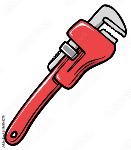 Red adjustable pipe wrench cartoon vector illustration for plumbing and repair