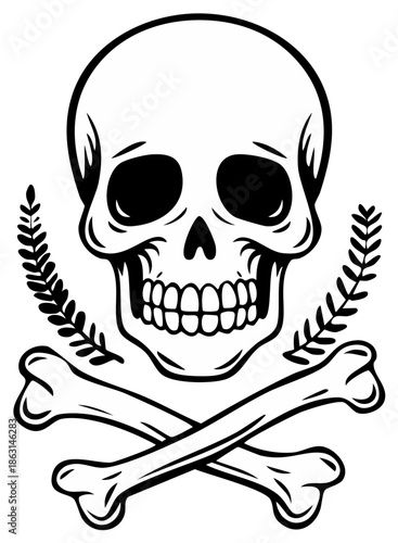 Vector Illustration of a Skull and Crossbones Emblem with Laurel Branches