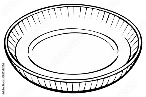 Empty round pie plate with crimped edge line drawing on white background
