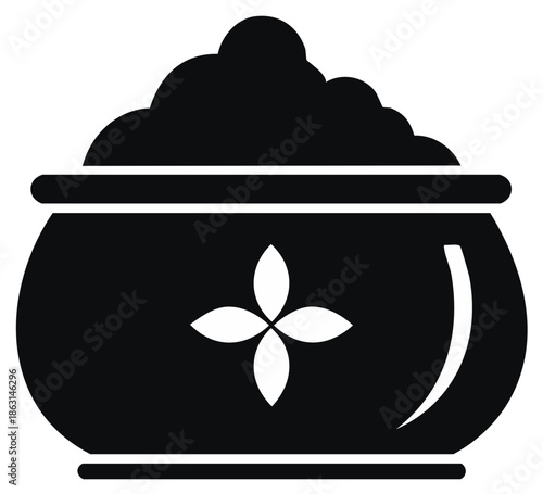 Stylized black icon of a traditional pot filled with food or a substance, featuring a decorative floral design.