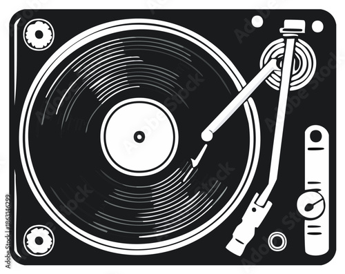Retro turntable playing a vinyl record black and white graphic vector illustration