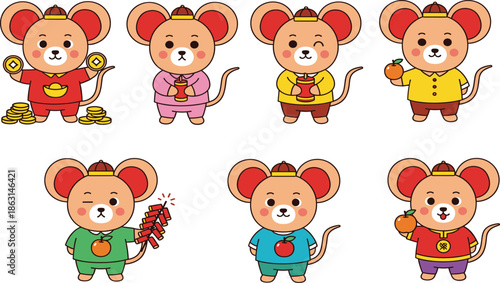 Vector set of cute cartoon mouse characters in colorful traditional outfits holding gold coins oranges and red firecrackers for Chinese New Year.