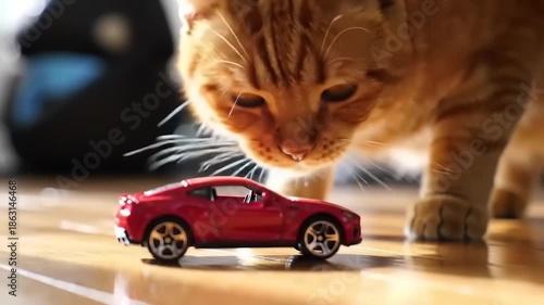 Curious Orange Cat Sniffs Red Toy Sports Car on Wooden Floor.