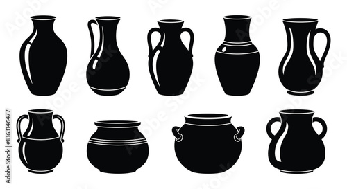 A collection of various black silhouette pottery and ceramic vessel shapes