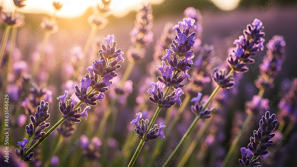 Fototapeta premium Serene lavender field at sunset with purple blooms