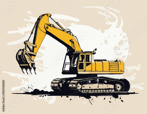 Stylized dragline excavator illustration in stencil art with grunge effects