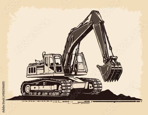Stylized dragline excavator illustration in stencil art with grunge effects