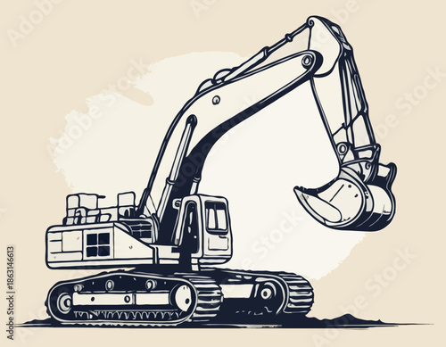 Stylized dragline excavator illustration in stencil art with grunge effects