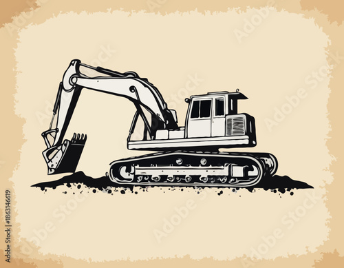 Stylized dragline excavator illustration in stencil art with grunge effects