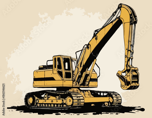 Stylized dragline excavator illustration in stencil art with grunge effects