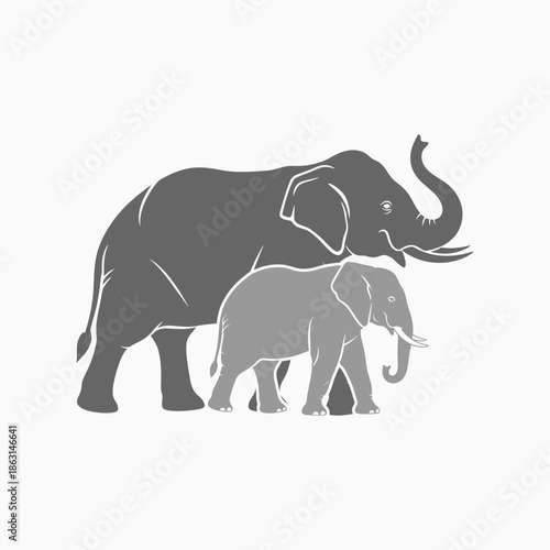 Stylized black and gray mother and baby elephant illustration on a white background, symbolizing family, protection, and wildlife. Ideal for graphic design.