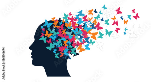 Conceptual illustration of a human head silhouette with a vibrant swarm of colorful butterflies flying out from the brain.