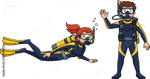 Vector illustration set of cartoon scuba divers featuring a woman swimming underwater and a man standing with full diving gear and equipment.