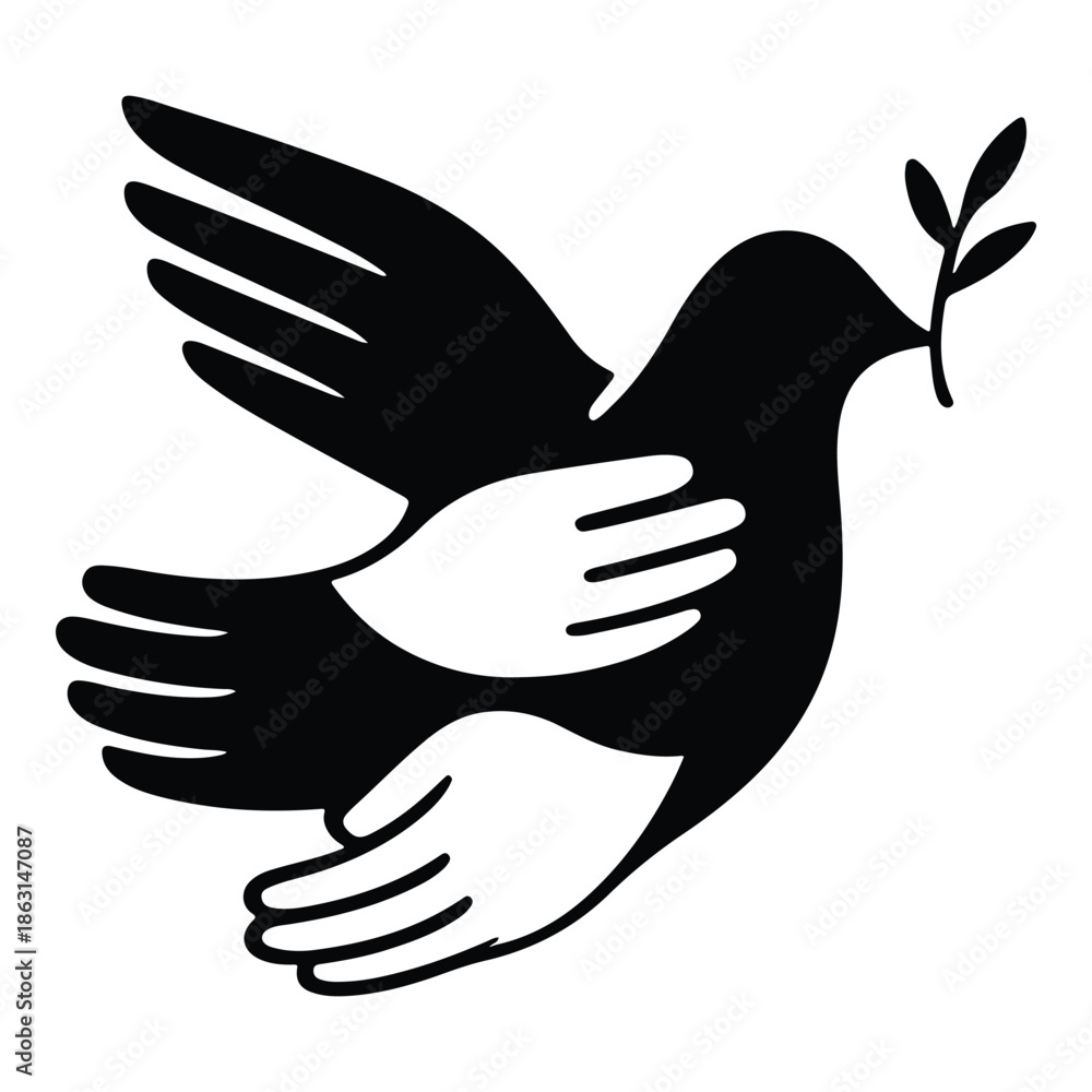 Obraz premium Black dove silhouette with white hands embracing and olive branch bird peace