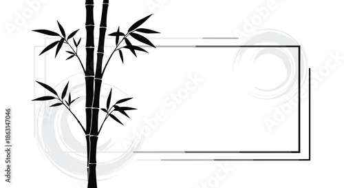 Peaceful black silhouette of bamboo stalks and leaves featuring a central white rectangular frame for text on a zen background.