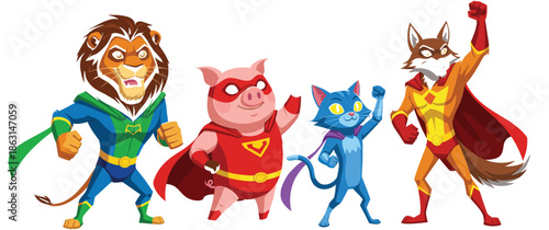 Vector illustration set of cute animal superhero characters including a lion pig cat and fox wearing capes and masks in heroic poses.