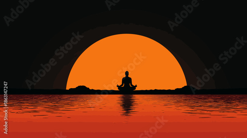 Peaceful Silhouette Meditating in Lotus Position at Sunrise or Sunset Over Calm Water, Representing Inner Peace, Wellness, and Mindfulness