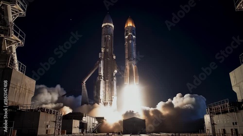 Rockets launching into space with smoke and flames at night
