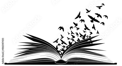 Open book illustration with birds flying out of the pages representing the power of imagination knowledge and education.