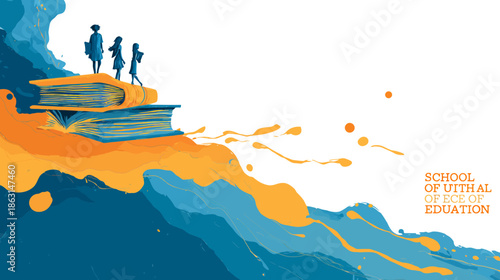 Conceptual illustration of students on books, symbolizing education, knowledge pursuit, academic growth, and lifelong learning journey.