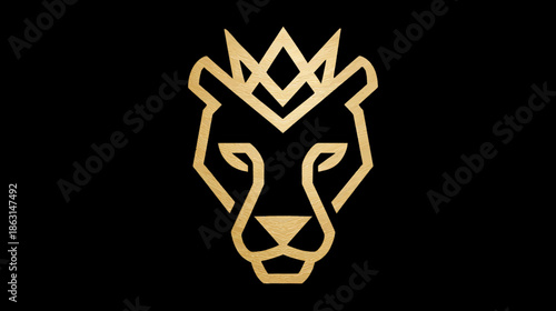 Golden geometric lion head with crown on black background. Modern minimalist regal emblem symbol for luxury brands, strength, and elegance.