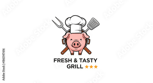 Fresh and tasty grill logo design featuring a cute pig character wearing a chef hat with cooking tools and stars.