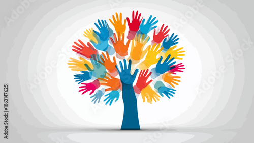 Colorful hands forming a vibrant abstract tree, representing community, diversity, teamwork, unity, support, and social inclusion.