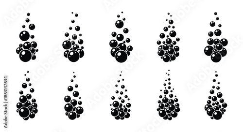 Collection of rising air bubbles icons in black and white silhouette for water carbonation or underwater themes.