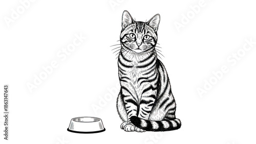 Hand drawn tabby cat sitting by food bowl, vintage ink sketch of domestic feline, black and white pet illustration for veterinary and animal care