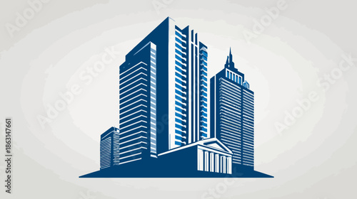 Stylized Blue Vector Illustration of a Modern Cityscape with High-Rise Skyscrapers and Classical Architecture