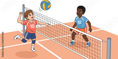 Vector illustration of two young boys playing volleyball on an indoor court featuring a player spiking the ball over the net.