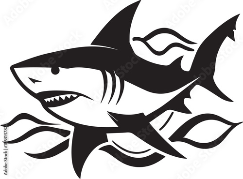Minimalist black and white shark emblem, dynamic motion, sharp fins, abstract wave patterns, flat vector illustration, print ready 1