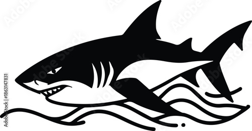 Minimalist black and white shark emblem, dynamic motion, sharp fins, abstract wave patterns, flat vector illustration, print ready