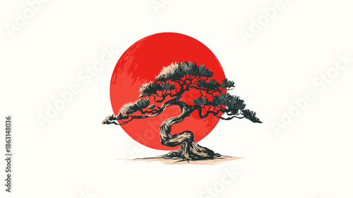 Artistic illustration of a gnarled, ancient tree against a minimalist red circle background, evoking Japanese natural beauty.