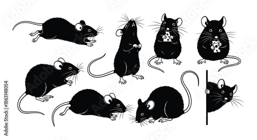 A collection of black silhouette mice in various poses and activities