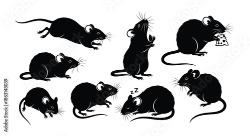 A collection of black silhouette mice in various poses and activities