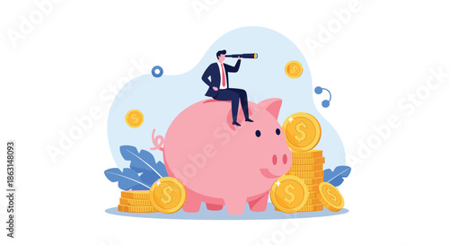 Businessman sits on giant pink piggy bank and looks through telescope for future investment opportunities.