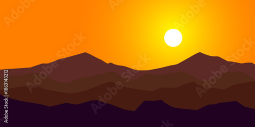 A serene landscape illustration features mountains in shades of brown and purple under an orange sky with a bright sun. The image creates a peaceful and minimalist scene.