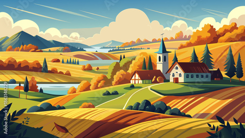 Very beautiful rural scenery of Denmark on a sunny autumn day, featuring golden fields, gentle hills, and clear skies that reflect the calm and natural beauty of the countryside.