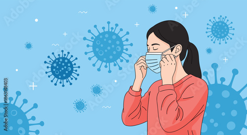 Young woman putting on a medical face mask for protection against viruses and bacteria with floating pathogens on a blue background.
