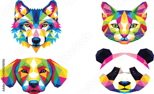 Vector set of colorful geometric pop art animal head portraits featuring a wolf cat dog and panda in a modern low poly style.