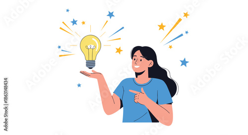Creative woman holding a glowing lightbulb representing a new innovative idea with sparkling stars around her on a white background.