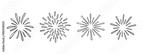 Firework doodles and festive hand drawn firecrackers set. Line art, sketch style celebration icons with stars, sparkles, explosive bursts. For party designs, celebrations, and holiday events. Vector