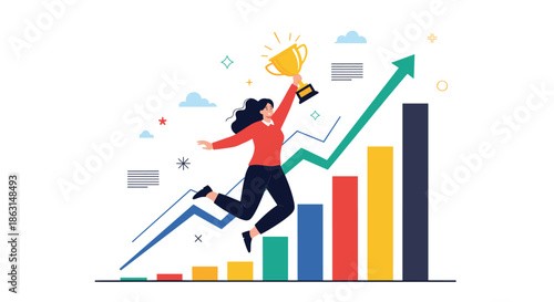 Successful businesswoman jumping with a golden trophy in hand above a rising bar graph indicating financial growth and achievement.