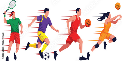Vector illustration set of athletic people in motion playing sports including tennis soccer basketball and volleyball with dynamic speed lines and action.