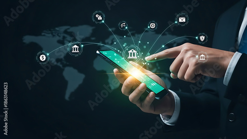 Businessman using mobile banking app on smartphone with global financial network