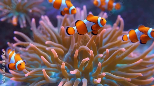 Cute clownfish moving through sea anemone tentacles with vibrant colors and soft animation-style underwater motion, 4K loop.