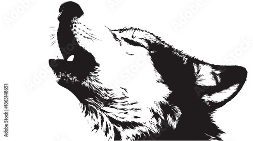 Striking black and white stylized silhouette of a wild wolf howling with its head raised, isolated graphic illustration.